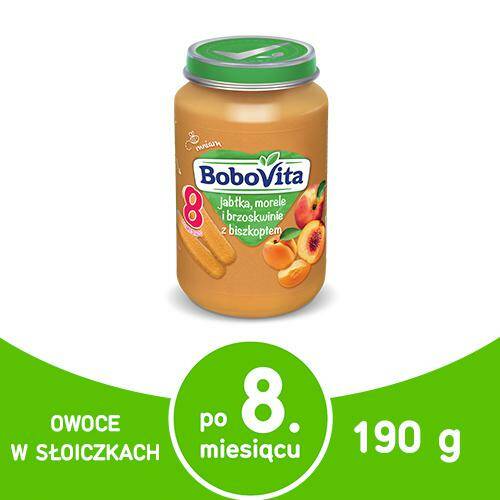 Jabłka, morele i brzoskwinie z biszkoptem po 8 miesiącu BoboVita 190g 3 szt.