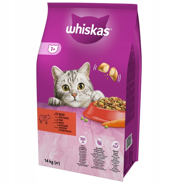 Whiskas 1+ sucha karma dla kota z wolowiną 14kg