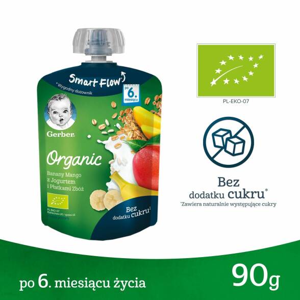 Deserek w tubce banany, mango z jogurtem i płatkami zbóż po 6 miesiącu Gerber Organic 90g 3 SZT.