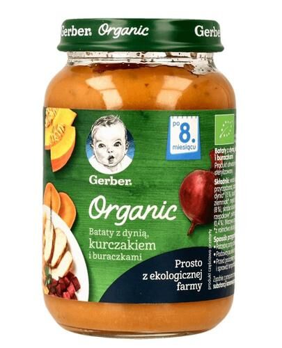 Bataty z dynią, kurczakiem i buraczkami po 8 miesiącu Gerber Organic 190g 3 szt.