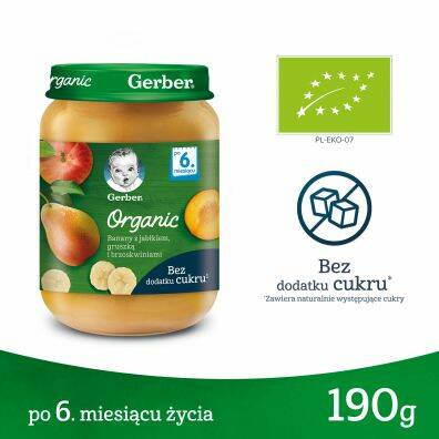 Banany z jabłkiem, gruszką i brzoskwiniami po 6 miesiącu Gerber Organic 190g