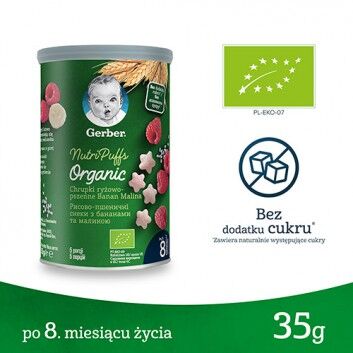 Chrupki ryżowo pszenne banan, malina dla niemowląt po 8. miesiącu Gerber Organic 35g 3 szt.