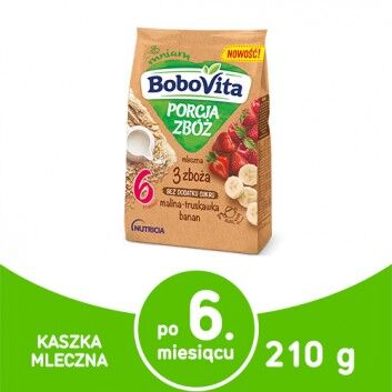 Kaszka 3 zboża owsiana malina, truskawka, banan Porcja Zbóż po 6 miesiącu BoboVita 210g