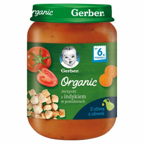 Jarzynki z indykiem w pomidorach dla niemowląt po 6 miesiącu Gerber Organic 190g 3 szt.