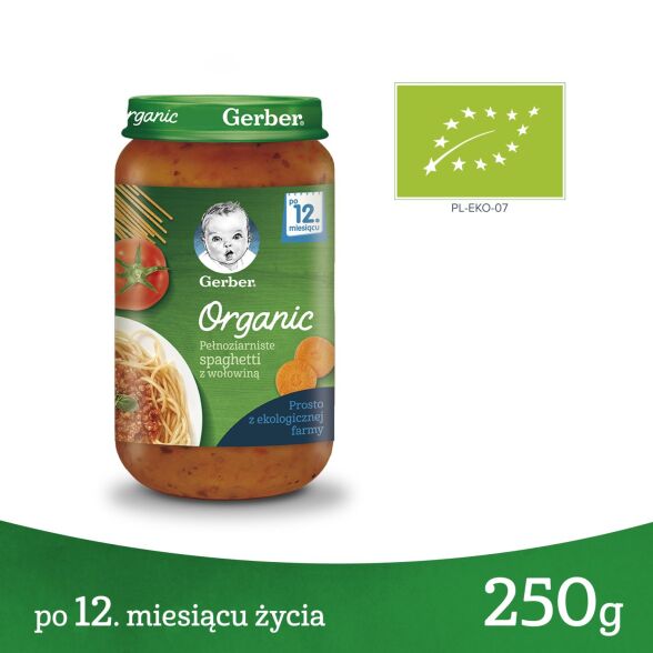 Obiadek pełnoziarniste spaghetti z wołowiną po 12 miesiącu Gerber Organic 250g